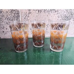 Vintage Mid Century Modern Juice Glasses Set of 3 Brown Orange Palm Fan Pattern